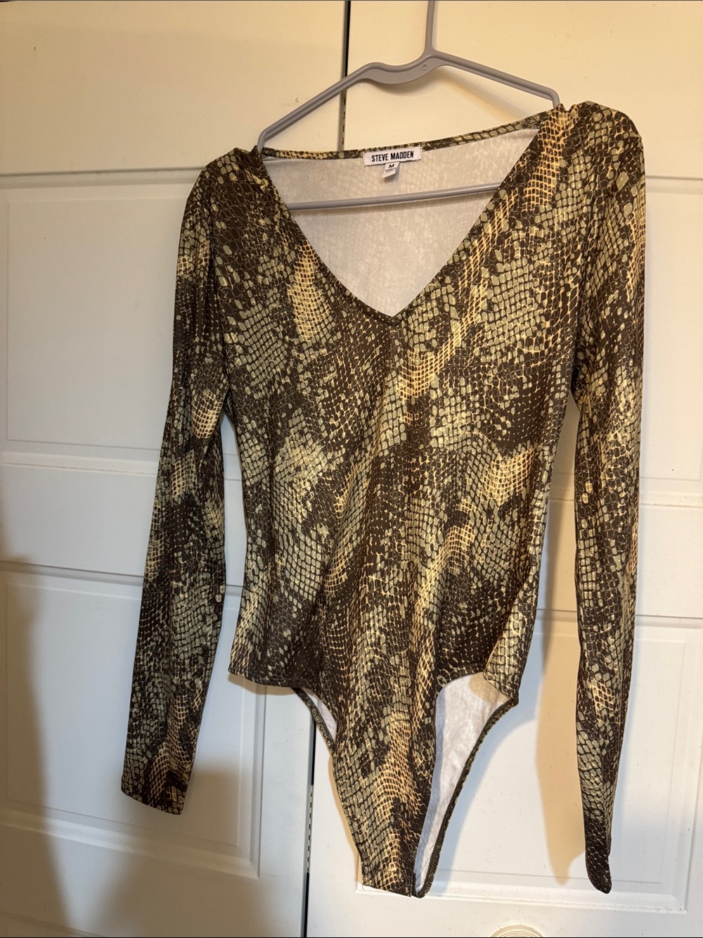 Steve Madden Brown Snake-Print V-Neck Long-Sleeve Bodysuit